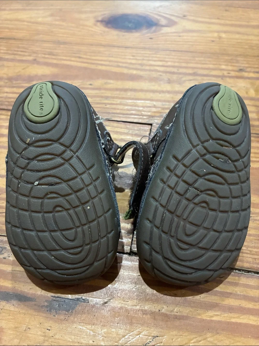 Stride Rite Brown Leather Baby Walker Shoes with Green Accent